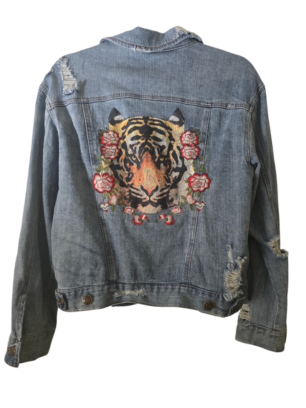Vanilla Star Light Blue Denim Jacket with Tiger & Floral Embroidery